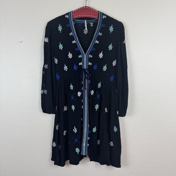 Free People Dresses & Skirts - Free People Boho Star Gazer Peasant Babydoll Mini Tunic Dress Black Blue Small